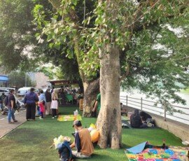Rimbunnya pohon dan rumput sintetis menjadi daya tarik tersendiri bagi penikmat kuliner di sekitar Jl. Kalipasir Tangerang (Sabtu 26/9/2026)